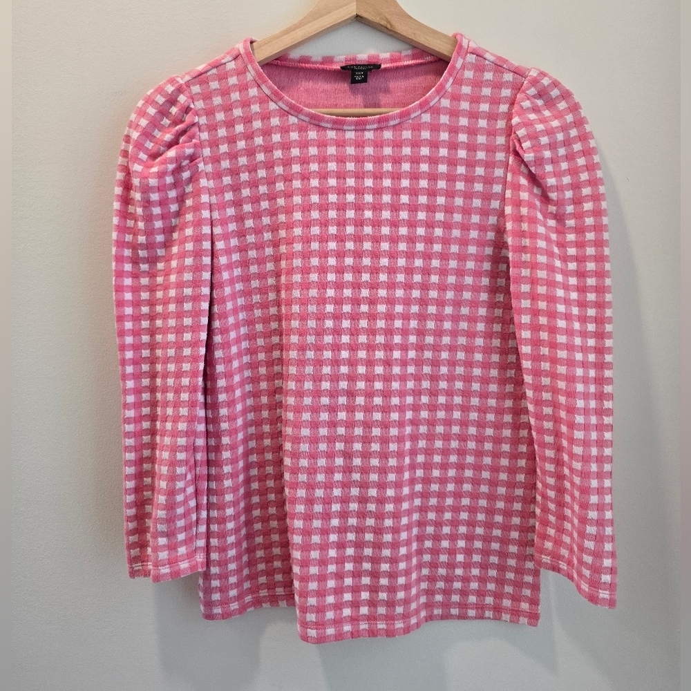 Ann Taylor • Pink and White Gingham Puff-Sleeve Long Sleeve Top